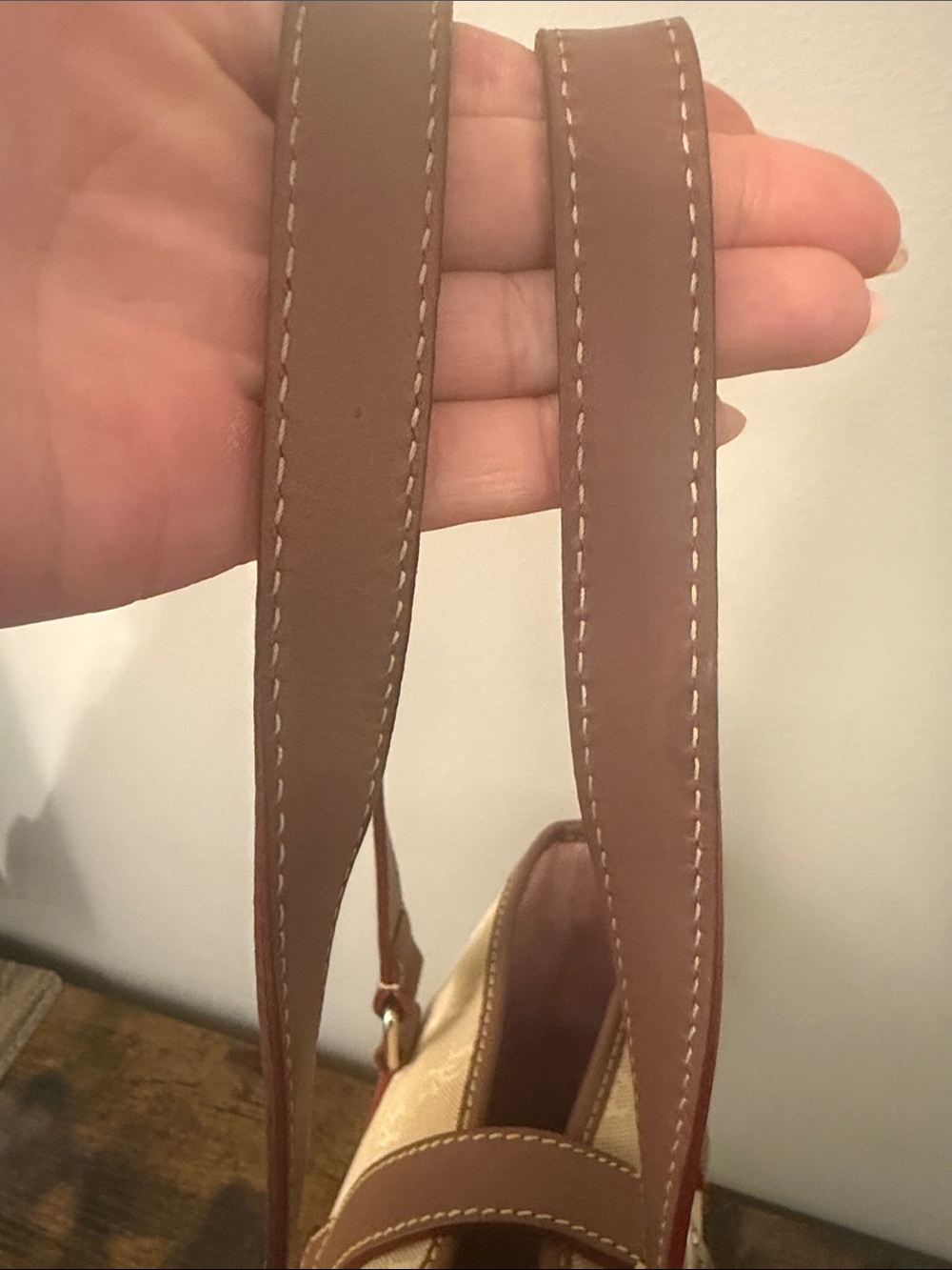 Dooney and Bourke Beige Canvas Bucket Tote with Brown Leather Trim - Picture 4 of 8